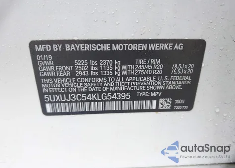 2019 BMW X4 xDrive30I z USA, uszkodzony, nr VIN 5UXUJ3C54KLG54395
